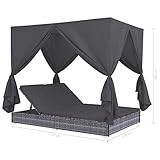 Tidyard Outdoor-Lounge-Bett mit Vorhängen Witterungsbeständig Outdoor-Tagesbett Doppel-Chaiselongue Doppelliege Rattenliege Gartenliege Rattanliege Sonneninsel Poly Rattan Grau 197 x 140 x 180