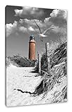 Leuchtturm mit Möwe an Strandweg schwarz/weiß Format: 60x40 auf Leinwand, XXL riesige Bilder fertig gerahmt mit Keilrahmen, Kunstdruck auf Wandbild mit Rahmen, günstiger als Gemälde oder Ölbild, kein Poster oder Plak