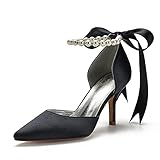 YiLuFanHua Damen Hochzeitsschuhe Stiletto-Absatz Spitz Pumps Sexy Römerschuhe Satin Nachahmung Perlen Schnürschuhe Für Hochzeit Oder Abend,Schwarz,37 EU