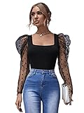 DIDK Damen Schmal Top mit Punkten Muster Netzstof Langarm Oberteil Bluse Elegant T-Shirt Pulli Tunika Herbstshirt Schwarz M