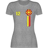 Fussball WM 2022 Fanartikel - 12. Mann Nord-Mazedonien Emblem - M - Grau meliert - Nationalmannschaft - L191 - Tailliertes Tshirt für Damen und Frauen T-S