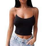 KIMODO Camisole Spagehtti Tops Bauchfrei Shirt Oberteil Damen Crop Top Tanktop Sommer Oberteil T-Shirts Clubwear (B-Schwarz, S)