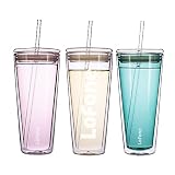 Thermobecher aus Glas,Travel Mug,Kaffeebecher to go,600 ml Doppelwandiger Isolierbecher mit Deckel und 2 Strohhalme (Transparent)