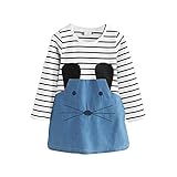 Loveble BabJahr Mädchen Langarm Streifen Einteiler Knie-Lange Cartoon Maus Gedruckt Baumwolle Denim Causal Mini Kleid für 2-6 J