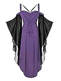 Damen Schulterfreies Kleid Solid Gothic Criss Cross Spitze Einsatz Schmetterling Ärmel Kleider Weihnachten Halloween Party Rock, B-lila, XX-Larg