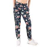 LAOLUCKY Damen Sweatpants Jogger Jersey Pants Mode Casual Sport Hose, Blumensträuße in Marineblau und Korallenweiß, XXL