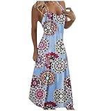 Vectry Damen Freizeitkleid Damenmode V-Ausschnitt Floral Bedrucktes Spitzenkleid Ärmelloses Elegantes Maxikleid Spaghettiträger Sommerkleid Strandkleid(Z-Hellblau,2XL)