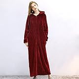 HKVML Robe für Damen Herren, Winter-Reißverschluss-Bademantel Kapuzen-Bademantel Doppel-Pyjama Flanell Lange Strickjacke Nachthemd,Weinrot 2,(40,60kg) 155.165