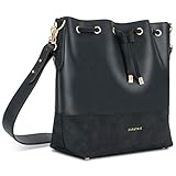 Expatrié Handtasche Damen Schwarz SARAH Bucket Bag Umhängetasche aus veganem PU-Leder für Shopping, Büro, Freizeit - Stylische Crossbody Schultertasche für F