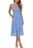 Zattcas Gesmoktes Damen-Sommerkleid, Spaghetti-Passform und ausgestelltes Blumenmuster, Midi-Kleid, Stil 2: Blau, Groß