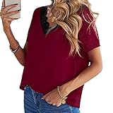 NPRODLO Damen Tunika Tops Sommer Kurzarm Tiefer V-Ausschnitt Patchwork Spitze Blumenspitze Trim Lose Coole Bequeme T-Shirts Bluse Frauen Lässig Elegant Basic Große Größe Baumwolle Rüschen Ob