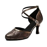 Tanzschuhe Damen Geschlossene Zehen Schlangenleder Synthetische Tango Salsa Latin Social Dance Schuhe (Color : Brown 7 5cm Heel, Size : 2.5 UK)