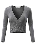 MSBASIC Einzigartiges Cross Wrap Slim Fit Langarm Crop Top mit tiefem V-Ausschnitt, Grau, M