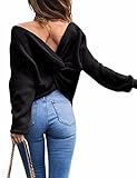 Damen Winter Frühling Sexy Casual V-Ausschnitt Pullover Loose Rückenfrei Fledermaus Batwing Rücken Kreuz Lange Ärmel Sweater Stricken Pullover (BL)