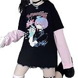 XYXYY Damen Anime T-Shirts Sommer Harajuku Kurzarm Oversized Gothic T-Shirt Punk Tops, Schwarz , L