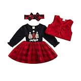 3-teiliges Weihnachtskleid für Kleinkinder mit Baummotiv, langärmelig, kariert, Tutu-Kleid und Plüschweste und Stirnband, rot, 98