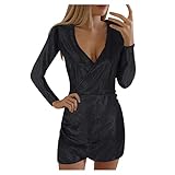 TRFPLOOC Abendkleid Damen Glitzer Etuikleid Figurformend Partykleid Langärmelig Minikleider Club Outfits Glitzerkleid Damen Eng Pailletten Wickelkleid Elegante Cocktailkleider (Schwarz, XL)