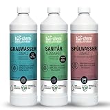 Campingtank-Set 3-teilig: Bio Sanitärflüssigkeit 1 l + Grauwassertank-Zusatz 1 l + Spülwasser-Zusatz 1 l | Power Kombi für alle mobilen Tanks | Effektive Geruchsbekämpfung und langanhaltende F