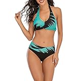 Zweiteiliger Neckholder Bikinioberteil Strandmode Badeanzüge Anzug Damen Drucken Bauchweg Figurformend Bikini Set Strand Swimsuits mit Slip Badeshorts Badebekleidung (A-Grün, 4XL)