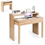 RELAX4LIFE Ausziehbarer Schreibtisch mit 2 Schubladen, Bürotisch mit ausziehbarem Tischplatte mit Rädern, Laptoptisch für Büro & Wohnzimmer & Studierzimmer, Computertisch Natur, 100 x 36 x 88 cm, H