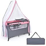 COSTWAY 3 in 1 klappbares Reisebett & Wickeltisch & Laufstall, 120 x 60cm Kinderbett, 2 Ebenen Babybett inkl. Wickelauflage, Windel Organizer, Moskitonetze und Tragetasche (Rosa)