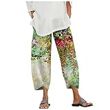 AWDX 2021 Damen Leinenhose Baumwolle Hosen mit Weitem Bein Casual Einfarbig Blumen Drucken Freizeithose Sommerhose Yogahose Loose Bequeme Hose Große Größen Haremshose 7/8 Lange H