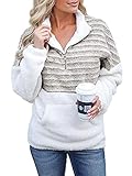 Strickpullover Damen Fleece Pullover Einfarbig Langarm V Ausschnitt Kontrast Langarm Oberteile Tops Fuzzy Long Sleeve Sweaters Women Zipper Leopard Sweatshirts with Pockets XL Hellb