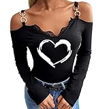 GFGHH Damen Spitze Bluse Sexy V Ausschnitt Langarmshirt Slim Fit Einfarbig Patchwork Spitzenbluse mit Floral Elegant Tunika Oberteil Top - Schulterfrei Tshirt für Damen Mode Patchwork B