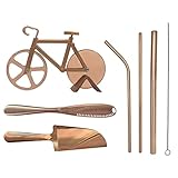 Fahrrad Pizzaschneider Rad Creative Bike Pizza Slicer mit Ständer Edelstahl Strohhalm Pizza Spatel Buttermesser 8-teiliges Set (Rose Gold)