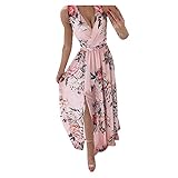 Damen Sommer Casual Lang Strandkleid Maxi Sexy Strap Floral Chiffon Ärmelloses V-Ausschnitt Blumendruck Langes Kleid Elegant Lang Maxikleider Partykleid Casual Lose Swing Kleid C1144