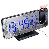 LIDIWEE Projektionswecker FM Radiowecker mit 180° Flip-Projektionsanzeige 7,4 LED Digital Wecker Spiegelbildschirm, Snooze-Funktion, 3 Helligkeit, USB