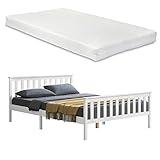 [en.casa] Holzbett mit Kaltschaummatratze Bettgestell mit hohem Kopfteil und Lattenrost 140x200 cm Doppelbett Jugendbett Kiefernholz Weiß