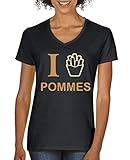 Comedy Shirts - I Love Pommes - Damen V-Neck T-Shirt - Schwarz/Hellbraun-Beige Gr. L