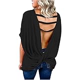 Ur_Ben Tshirt Damen RüCkenfreie Shirt Sexy Pullover Oberteil Rundhalsausschnitt Tops Lose Bluse Frauen Elegant Kurzarmshirt T-Shirt(Schwarz,2XL)