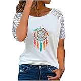 Trendige Tshirt Damen Elegantes Oberteile mit Spitze Nähten Pullover mit Traumfängerdruck Kurzärmlige Sommertops mit Rundhals Locker Spitzenärmel T Shirts geschnittene Tunika Teenager Mädchen B