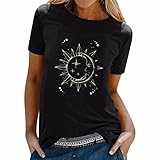 BOTCAM Tshirt Damen Oversize Sonne Mond Motiv Oberteile - Elegant Rundhals Kurzarm Sommer Tops Teenager Mädchen Bluse Oversize Shirt Streetwear 90er Y2k Unterhemd Sweatshirt Basic T-S