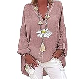 NAY Nalakey Damen Oversize Leinenbluse Bluse Damen Langarm Oberteil Casual V-Ausschnitt Longshirt Oberteile Tunika Lose Lang Tops Leinenhemd (M, Rosa)