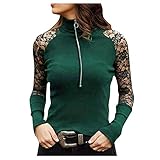 Damen Tops Vintage Shirts, Spitzen Patchwork Langarm Fitness Shirt Damen V-Ausschnitt Reißverschluss Damen Bluse Sexy Slim Fit Festival Oberteile Einfarbige Tunikas Frühling und Sommer Tops,C,Grün,L