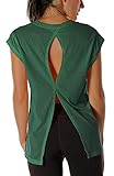 icyzone Damen Fitness-Trainings Kurzarm Shirt Rundhals Top unifarbenes Sport T-Shirt Lang (M, Army)