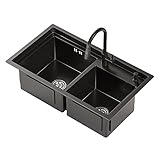RTYHN Edelstahlspüle 2 Becken,Spülbecken Rechteckig 75×43cm,Einbauspüle mit Integrierter Abtropffläche,für Camping, Wohnwagen, O