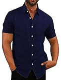 COOFANDY Herren Freizeithemd Hemd Kurzarm Leinenhemd Businesshemd aus Baumwolle Sommer Einfarbig Basic Men´s Shirt Regular Fit Dunkelblau S