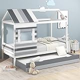 Hausbett 90x200 cm mit Klappbett und Dach, Kinderbett Holzlatten Lattenrost Kiefernholz Etagenbett Spielbett Jungen Mädchen, Weiß