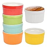 3,5 Zoll Bonbonfarbe Keramik Backform 6 Stück Set Soufflé Förmchen, Creme Brulee Formen aus Porzellan, Förmchen für Muffins,Cupcakes, Bunte Serie 200