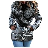 LOPILY Jacke Damen Winter Lackjacke Steppjacke mit Kunstfellkapuze Winterjacke Damen Warm Lang Extrem Dick Warm Wintermantel Übergangsjacke Einfarbig Steppmantel Winterparka (Gray, XL)