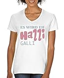 Comedy Shirts - Es wird eh Halli Galli - Damen V-Neck T-Shirt - Weiss/Eisblau-Rosa Gr. L
