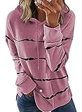 SMENG Outfit Hoodie Damen Gestreiftes Pullover Langarmshirts Outfit Elegant Oberteile Casual Kapuzen Sweatshir Schöne Pullis Mit Großer Kapuze Rosa XXL