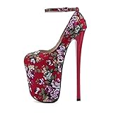 GAOwi Frauen Super High Heel High Heels 22cm Stiletto Plattform Plattformschuhe Ethnische Stil Blumen Hassen Sie den Himmel High Buckle Schuhe,Dark red,49