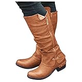 Geilisungren Stiefel Damen Schwarz Kniehoch Ohne Absatz Hohe Stiefel Damen Mit Absatz Stiefeletten Ankle Boots Fransen Langschaft Winterschuhe Reiterstiefel Schuhe Runde Zehen Halblange Stiefel W