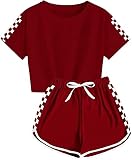 YBENLOVER Kinder Mädchen Jungen T-Shirt Rundhals Tee Kariert Oberteile Summer Kurzarm Tops (10-12 Jahre, Weinrot)
