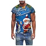 Chritmas T-Shirts für Herren COOFANIN Patchwork Weihnachtsmann Elch Bedruckt Kurzarm O-Neck Tee Shirts Festival Neuheit Mode Modal Weich Bequem Tops Slim Fit Eng Leicht Xmas Unterhemd, blau, XL